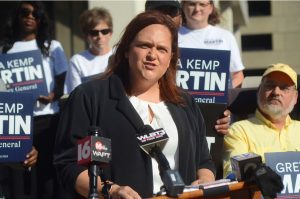 Democratic candidate for Attorney General, Greta Kemp Martin, talks about how she will serve Mississippians from all walks of life if elected, during a press conference held at the Sillers Building. in Jackson, Tuesday, Oct. 24, 2023.