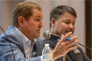 Ocean Springs Mayor Kenny Holloway, left, responds to a speaker after concerns were expressed about the city’s proposed Urban Renewal Plan during a public hearing at the Ocean Springs Civic Center on Monday, Oct. 2, 2023. Credit: Eric Shelton/Mississippi Today