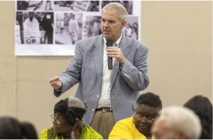 Democratic gubernatorial candidate Brandon Presley speaks during a forum concerning health at L.T. Ellis Community Center in Laurel, Miss., on Wednesday, Sept. 27, 2023. Credit: Eric Shelton/Mississippi Today