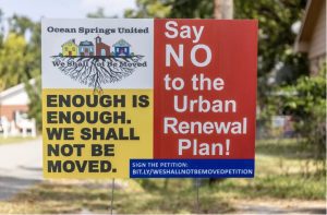 A sign that expresses opposition to Ocean Springs' proposed Urban Renewal Plan is seen in the front yard of a home in Ocean Springs, Miss., Tuesday, Oct. 3, 2023. Credit: Eric Shelton/Mississippi Today