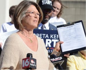 Penny Warner (center), aunt of Tasha Shelby, who has been incarcerated for 23 years, talks about her niece's plight and alleged innocence during a press conference held by Democratic candidate for Attorney General, Greta Kemp Martin. Martin spoke of how she will serve Mississippians from all walks of life if elected, Tuesday, Oct. 24, 2023. Credit: Vickie D. King/Mississippi Today
