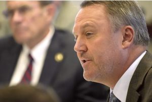 Speaker Pro-Tempore Rep. Jason White, R-West, a member of the Mississippi Joint Legislative Budget Committee, asks a question during a budget presentation by a state agency director, Friday, Sept. 29, 2023, in Jackson, Miss. (AP Photo/Rogelio V. Solis)