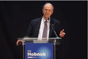 Mike Chaney, the incumbent Republican insurance commissioner, speaks during Mississippi Economic Council's 2023 Hobnob at the Mississippi Coliseum in Jackson, Miss., Thursday, Oct. 26, 2023. Credit: Eric J. Shelton/Mississippi Today