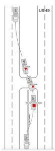 A diagram shows how now-ex Capitol Police officer Stephen Frederick ran over three road signs before stopping in a concrete ditch. Credit: Courtesy of Mississippi Highway Patrol