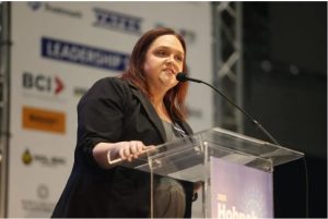Greta Kemp Martin, the Democratic nominee for attorney general, speaks during Mississippi Economic Council's 2023 Hobnob at the Mississippi Coliseum in Jackson, Miss., Thursday, Oct. 26, 2023. Credit: Eric J. Shelton/Mississippi Today