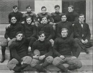 This is the 1907 Ole Miss football team, which was outscored 195-6 in six football games. Seated far right, on the second row, is the team's coach Frank Mason, who had been the first football coach at Harvard. The team did not fare well against the "Farmer Boys" of Mississippi A&M. (Courtesy Ole Miss Athletics)
