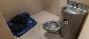 A padded cell used to hold people awaiting psychiatric evaluation and court-ordered treatment at the Adams County jail in Natchez, Mississippi. Lacey Robinette Handjis, a 37-year-old hospice care consultant and mother of two, was found dead in one of the jail's two padded cells in late August, less than 24 hours after she was booked with no criminal charges to await mental health treatment. Credit: Eric Shelton/Mississippi Today