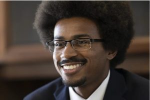 State Rep. Justin Pearson, D-Memphis, smiles as he responds to questions during an interview at his office Monday, April 17, 2023, in Nashville, Tenn. (AP Photo/George Walker IV)