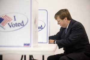 GOP gubernatorial candidate Tate Reeves votes at Liberty Baptist Church during the GOP runoff elections. Credit: Eric J. Shelton/Mississippi Today, Report For America