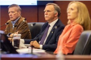 Members of the Board of Trustees of State Institutions of Higher Learning Tom Duff, from left, Gee Ogletree and Jeanne Luckey listen during a Health Affairs Committee meeting at the Universities Center in Ridgeland, Miss., Wednesday, January 18, 2023. Credit: Eric Shelton/Mississippi Today