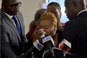 Mary Moore Glenn was overcome with emotion and had to step away from the microphone at a press conference on Dec. 20, 2023, when speaking about what happened to her son Marrio Moore. Jackson Police found Marrio Moore dead on Feb. 2, 2023, after unknown assailants killed him. Photo by Shaunicy Muhammad