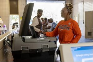A voter casts her ballot at Jackson Fire Station 7 on Election Day in Jackson, Miss., Tuesday, Nov. 7, 2023. Credit: Eric J. Shelton/Mississippi Today