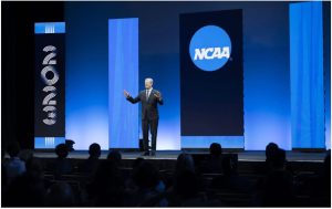 Incoming NCAA president Charlie Baker speaks during the NCAA Convention, Thursday, Jan. 12, 2023, in San Antonio. (AP Photo/Darren Abate)
