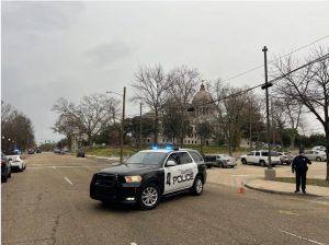 Capitol Police blocked roads around the Mississippi State Capitol on the morning of Jan. 3, 2024, in response to a bomb threat. Credit: Adam Ganucheau, Mississippi Today