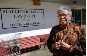 Constance Slaughter-Harvey, at her law office located in the building that once housed her parents store, the Six Cees, the first Black owned business of its kind in Scott County. Slaughter-Harvey purchased the building in 1977 and converted it into her law office in Forest, Wednesday, Mar. 2, 2022. Credit: Vickie D. King/Mississippi Today