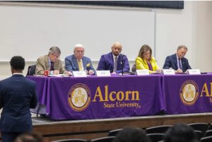 Al Rankins, center, the Institutions of Higher Learning Board of Trustees commissioner and a former president of Alcorn State University, listens to campus constituents describe qualities they'd like to see in the next president during a listening session Feb. 5, 2024. Credit: Tommie Green/Alcorn State University