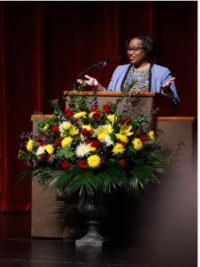 Dr. Loretta Jackson-Williams, vice dean for medical education, tells attendees more about the Match Day process.