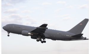 A Boeing KC-46A Pegasus takes off at Yokota Air Base, Japan, Oct. 25, 2018, during a system evaluation. This is the first time the KC-46A visited Japan. The flight is to support an initial evaluation by the USAF of the KC-46A's integrated mission system suite as well as its ability to conduct worldwide navigation, communication and operation. (U.S. Air Force photo by Yasuo Osakabe)