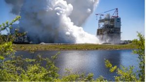 NASA conducted a full-duration RS-25 hot fire April 3 on the Fred Haise Test Strand at NASA's Stennis Space Center near Bay St. Louis, Mississippi, achieving a major milestone for future Artemis flights of NASA's SLS (Space Launch System) rocket. It marked the final test of a 12-test series to certify production of new RS-25 engines by lead contractor Aerojet Rocketdyne, an  L3Harris Technologies company, to help power NASA's SLS rocket on Artemis missions to the Moon and beyond, beginning with Artemis V. (NASA/Danny Nowlin)