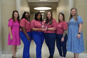 Itawamba Community College’s Associate Degree Nursing faculty and students received awards at the Mississippi Organization for Associate Degree Nursing conference recently in Biloxi. They include, from left, ADN faculty member Anna Lewis; College Bowl team members Tiree Jones, Alexis Derrick, Kaci Wood, Alexis Koonce; and ADN faculty member Lauren Murphree. – Photo by Maggie Caldwell, ICC Community Relations