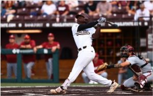 Mississippi State's Dakota Jordan swings for the fences. Jordan was crowned the Boo Ferris Player of the Year in Mississippi for 2024. (Photo Courtesy of Mississippi State Athletics)