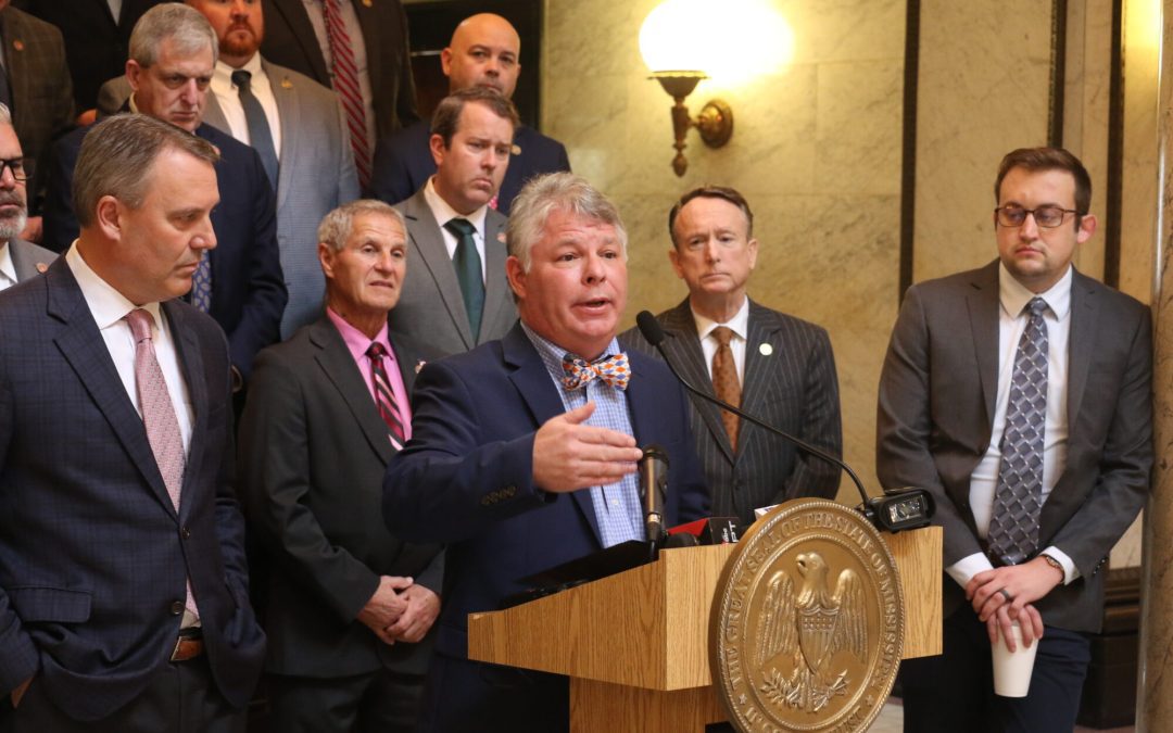 Rep. Rob Roberson addresses the media during a press conference held Thursday about the passage of the INSPIRE Act, a piece of legislation that aims to replace the current MAEP education funding model to provide more education funding in Mississippi. (Photo by Jeremy Pittari | Magnolia Tribune)