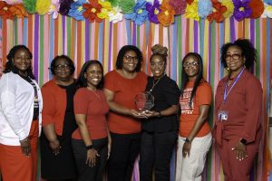 Nancy B. Foreman Award - Delta Sigma ThetaPictured L to R: Nakisha Davis, President, Jacqueline Lampley, Kendra Shell, Gloria Ball, Physical and Mental Health Committee Chair, Teneshia Smith, Physical and Mental Health Committee Co-chair, Megan Bass, Yolanda Robinson