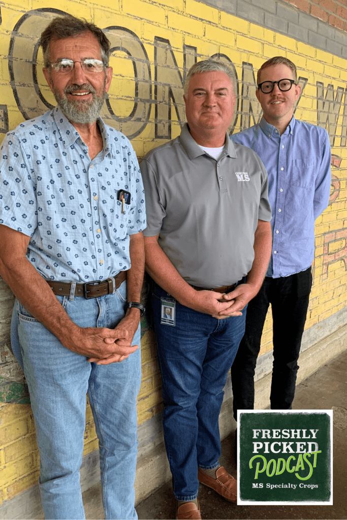 Episode four of the Freshly Picked podcast, titled "Seat at the Chef's Table," airs today at 9:30 a.m. at www.msfreshlypicked.com and on all major podcast platforms. Pictured L-R: Don Kazery Jr., owner of Kazery Farms in Jackson; Claude Nash, podcast host and editor of the Mississippi Market Bulletin; and Hunter Evans, award-winning chef and owner of Elvie's in Jackson.