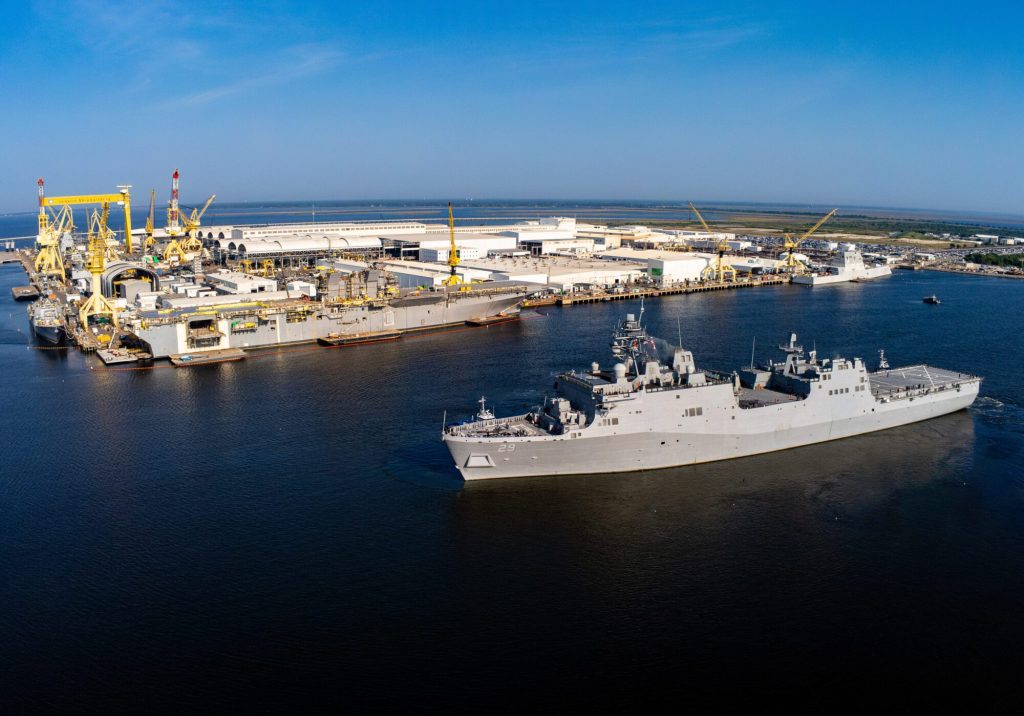 Aerial view of Ingalls Pascagoula shipyard taken Aug. 22, 2024, as LPD 29 departs for its commissioning. (Photo: Ingalls Shipbuilding)