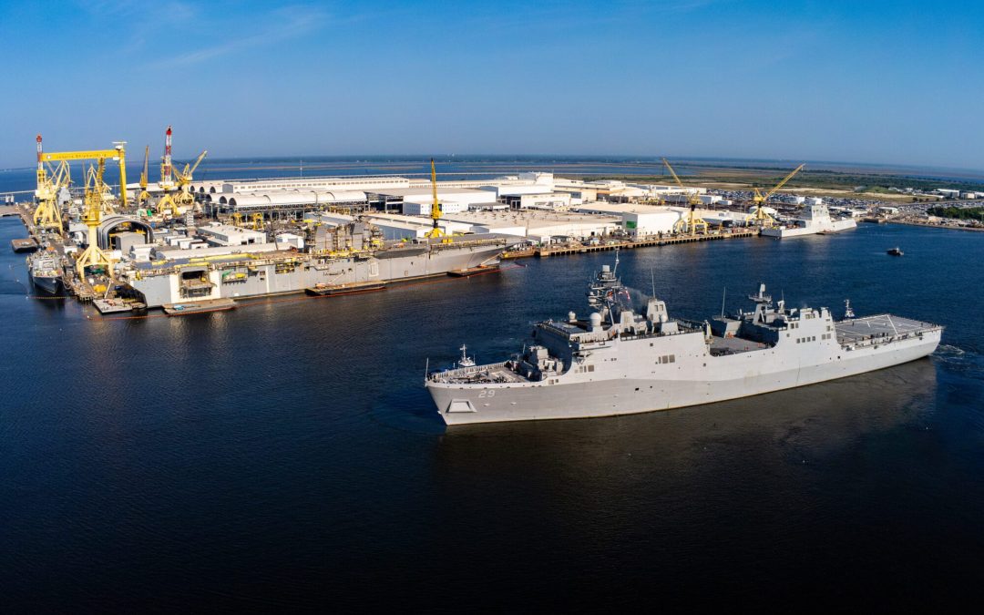Aerial view of Ingalls Pascagoula shipyard taken Aug. 22, 2024, as LPD 29 departs for its commissioning. (Photo: Ingalls Shipbuilding)