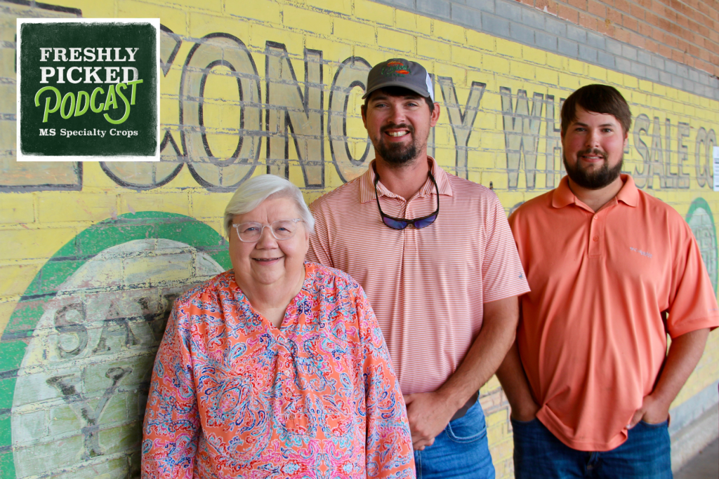 The latest episode of MDAC’s Freshly Picked podcast, titled “Orange You Glad It’s Harvest Season,” airs today at 9:30 a.m. Pictured L-R: Sylvia Clark, co-owner of Clark Farms and the Tater Shed in Vardaman; Caleb Englert, owner of Englert Farms in Houston; and Aaron Stovall, owner of Dry Bottom Farms & Nursery in Weir.