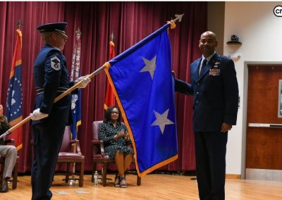 Maj. Gen. Bobby M. Ginn, the adjutant general of Mississippi, and Maj. Gen. Edward H. Evans, Jr., the assistant adjutant general-Air and commander of the Mississippi Air National Guard, stand for the national anthem during his promotion ceremony at the Mississippi National Guard Joint Force Headquarters, Jackson, Mississippi, Oct. 5, 2024. (U.S. Air National Guard photo by Airman 1st Class Damara Cormier)
