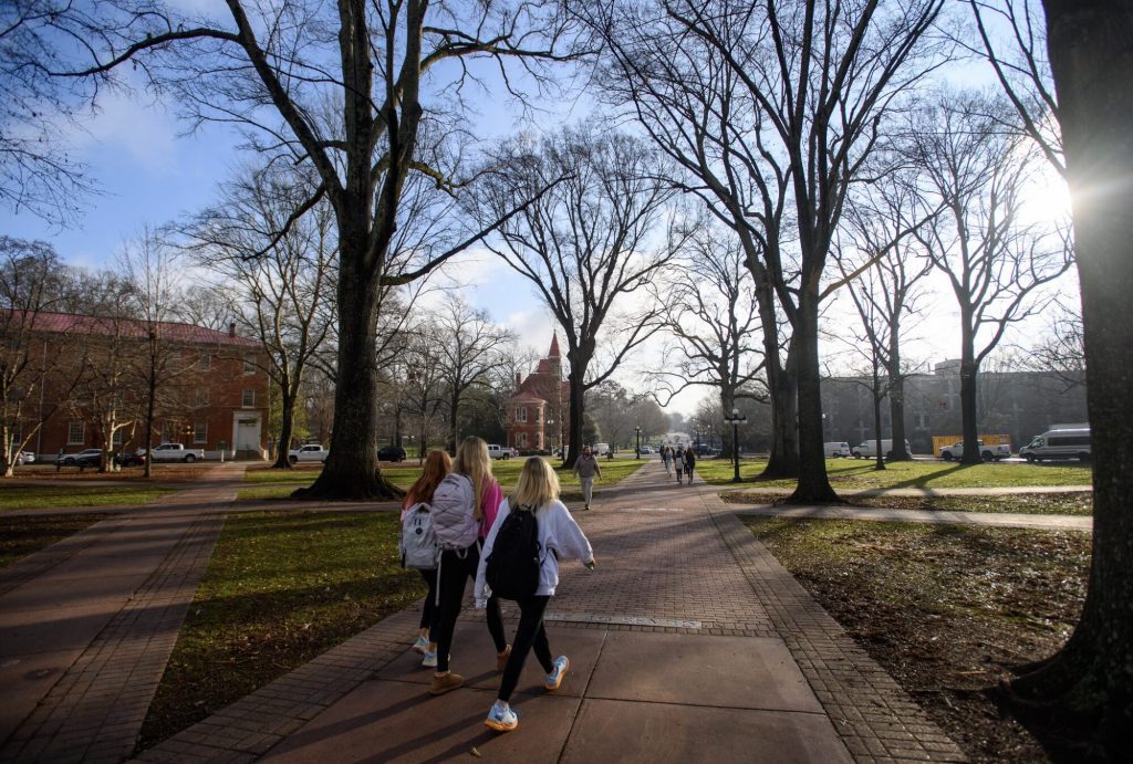 (Photo of Ole Miss students walking on campus from the Ole Miss Facebook page taken by Thomas Graning/Ole Miss Digital Imaging Services - posted January 23, 2023.)