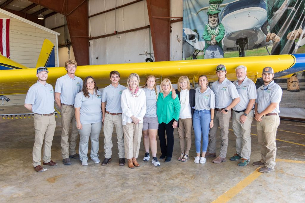 Students from the DSU Ag Aviation Program had a chance to meet with Senator Cindy Hyde-Smith during her recent visit to Cleveland. (L to R) Jesse Hughes, Cleveland; Alex Allstun, Oakland; Bethany Rayburn, Cleveland; Drew Rowsey, Corinth; Senator Cindy Hyde Smith; Morgan Cotton, Greenville; Workforce Director at South Delta Planning and Development District Mitzi Woods, Program Coordinator Sheila Millican, Callie Rodriquez, Cleveland; Ethan Gremillion, Cleveland; Lawson Howard, Oxford; Zack Mitchell, Corinth.