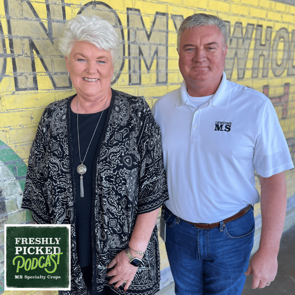 The latest episode of MDAC’s Freshly Picked podcast, titled “Celebrating Poinsettias – Mississippi’s Blossoming Holiday Tradition,” aired today at 9:30 a.m. Pictured L-R: Teresa Gammel of Vesely’s Nursery in Sumrall and Claude Nash, podcast host and editor of MDAC’s Mississippi Market Bulletin.