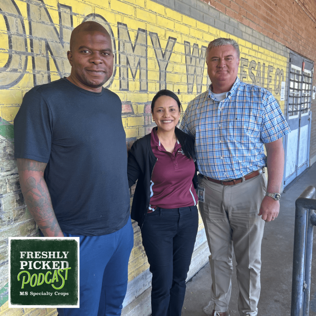 The latest episode of MDAC’s Freshly Picked podcast, titled “Fresh Starts and New Year’s Traditions with Mississippi’s Specialty Crops,” airs today at 9:30 a.m. Pictured L-R: Nick Wallace, award-winning chef and owner of Nick Wallace Culinary in Jackson; Dr. Elizabeth Canales, associate professor and extension economist with Mississippi State University in Starkville; and Claude Nash, podcast host and editor of MDAC’s Mississippi Market Bulletin.