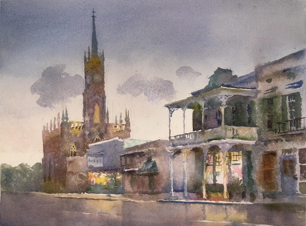 "The Rain On Main Goes Mostly Down The Drain", a watercolor by Wyatt Waters, 2024. The image depicts a rainy view of Main Street in Downtown Natchez. (Image from Wyatt Waters Gallery Facebook page.)