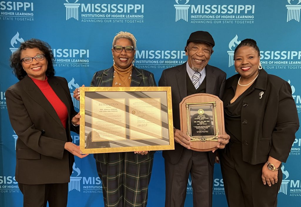 Pictured from left to right: Trustee Dr. Ormella Cummings, Liz Perkins, Dr. John Perkins, and Priscilla Perkins