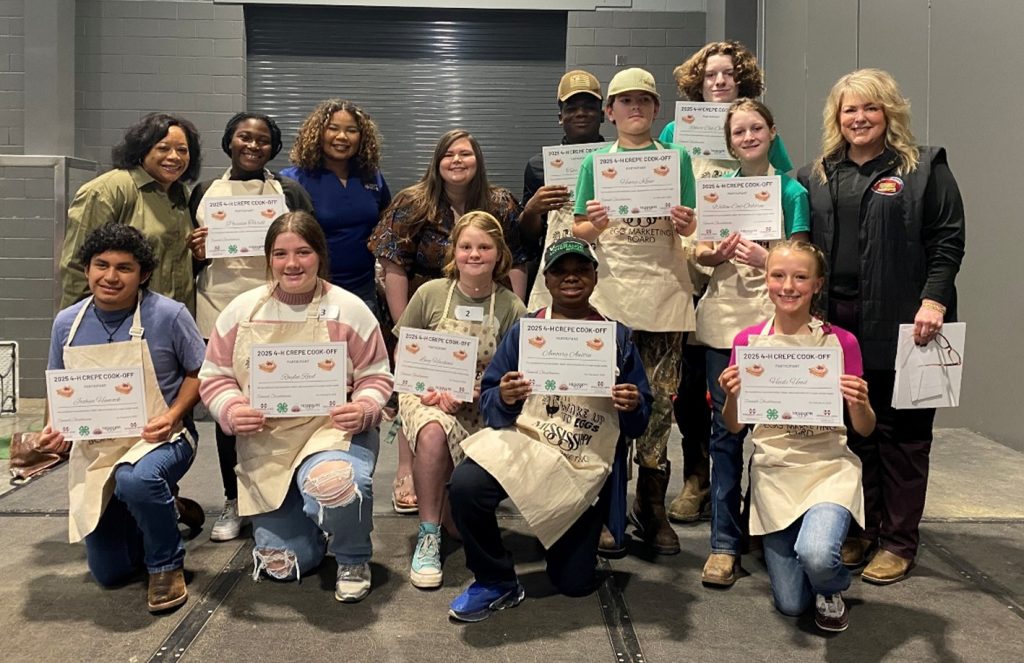 The MSU Poultry Science Department, Mississippi Egg Marketing Board, Mississippi Beef Council and the Mississippi Poultry Association are pleased to announce the winners of the “2025 Dixie National Rodeo Days Crêpe Showdown.”  Pictured (L-R Top): Mistress of Ceremonies, Maggie Wade; Best Beef winner Passion Terrell; Judge, Crystal Tisme; Judge Lauren Fortenberry; Second Place winner Tyler Brooks; First Place winner Henry Klein; Beef winners Willow Cox-Osbourn and Robert Cox-Osbourn; Judge, Ryn Laster. (L-R Bottom): Fourth Place winners Joshua Hancock and Raylee Reed; Third Place winner Lucy Haskins; Fourth Place winner Amoury Austin; Best Beef winner Heidi Hood.