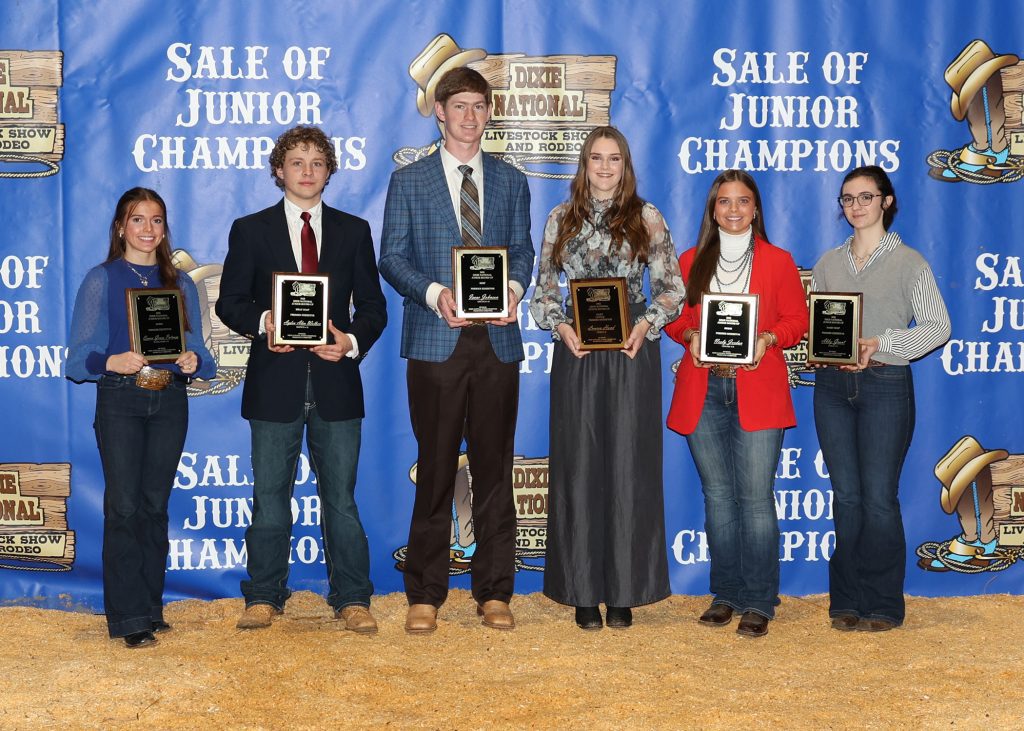 2025 Premier Exhibitors L-R: Emma Grace Putnam, Sunflower 4-H; Ayden Alen Wolken, Simpson 4-H; Isaac Johnson, Lincoln 4-H; Lauren Hand, Hinds 4-H; Neely Jordan, Leflore 4-H; and Abby Grant, Union 4-H.