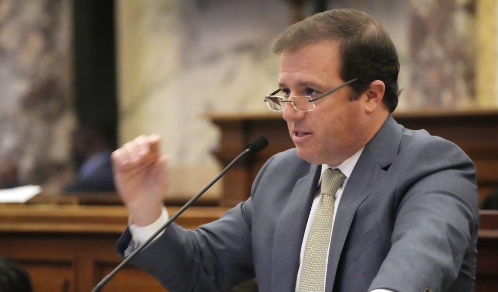 Mississippi State Finance Committee Chairman Josh Harkins, R-Flowood, in the Senate chamber at the Mississippi State Capitol in Jackson, Miss., Thursday, Jan. 25, 2024. (AP Photo/Rogelio V. Solis)