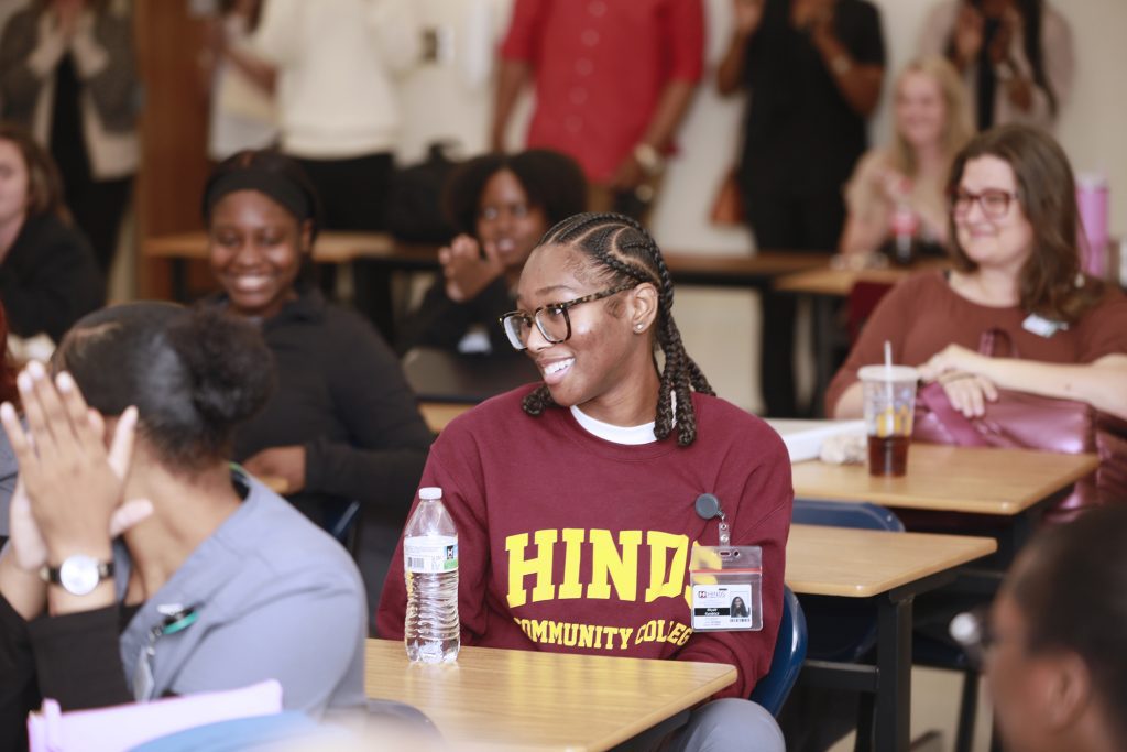 Surrounded by her Hinds Community College Associate Degree Nursing classmates, N’kyah Kendrick of Jackson learned she won the annual Carla McCulloch Scholarship.