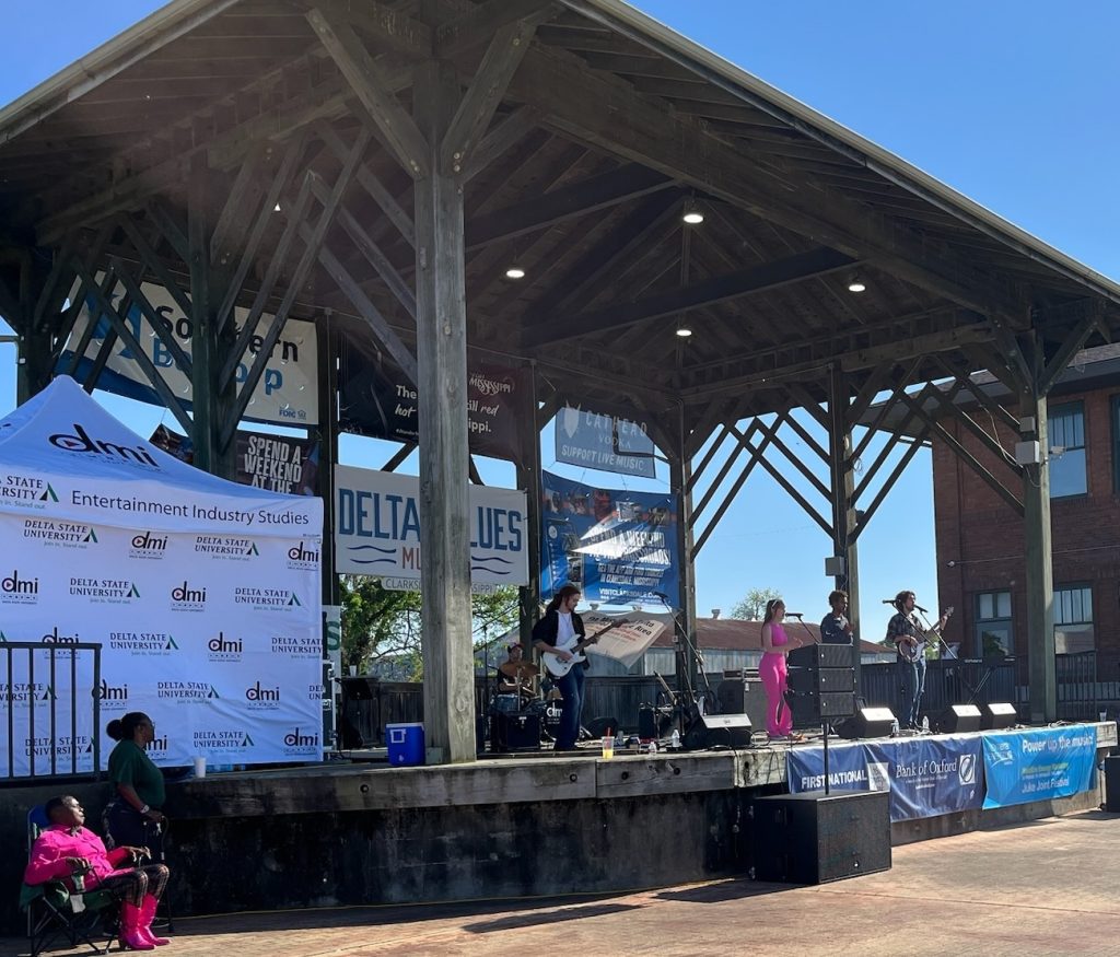 (onstage, L-R) DMI students Nick Aultman, Noah Ervin, Kaitlyn Rocquin, Jalyen Washington, Sami Sabbagh performing as Ol' Skool Revue at the 2025 Juke Joint Festival in Clarksdale.