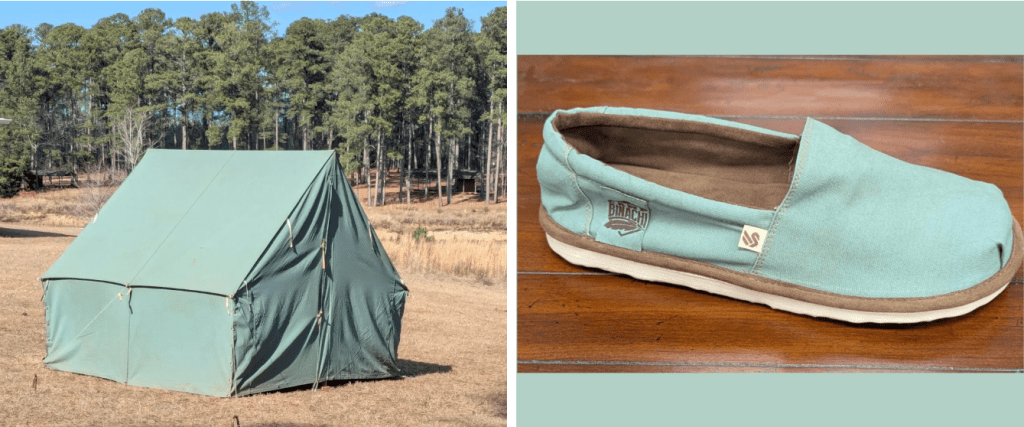 Camp Binachi tent material is being repurposed into one-of-a-kind shoes, preserving nostalgia with every step.
