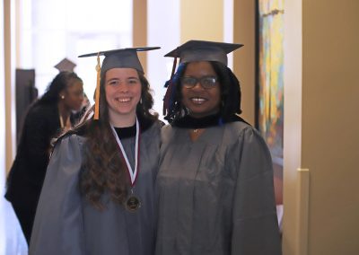 Whitney Southam of Flowood, left, and Destiny Lloyd of Lena greeted each other before the May 15 graduation ceremony at Hinds Community College. They were theatre students in the Lendon Players on the Raymond Campus. Southam is still mulling over her next step but Lloyd is heading to the University of Southern Mississippi.