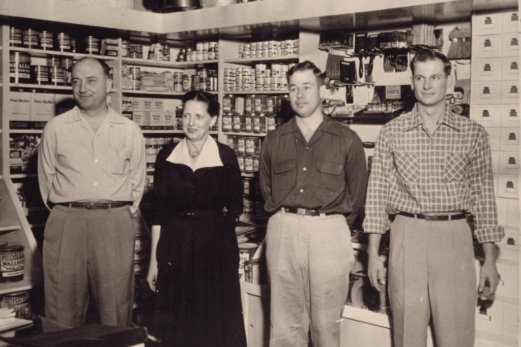 Joe and Margaret Revell, Ray Campbell and Frank Bolin. Ray and Frank were the first employees hired by Joe and Margaret Revell to work at Revell Hardware after it was founded by them in 1950.