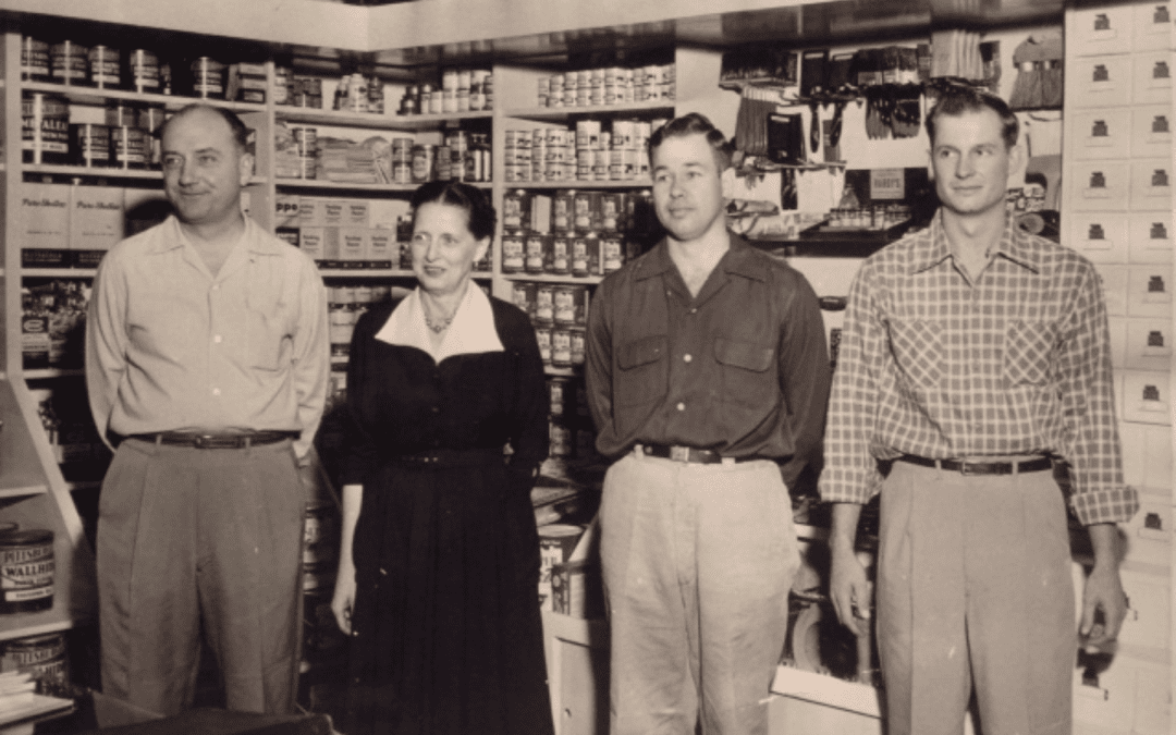 Joe and Margaret Revell, Ray Campbell and Frank Bolin. Ray and Frank were the first employees hired by Joe and Margaret Revell to work at Revell Hardware after it was founded by them in 1950.