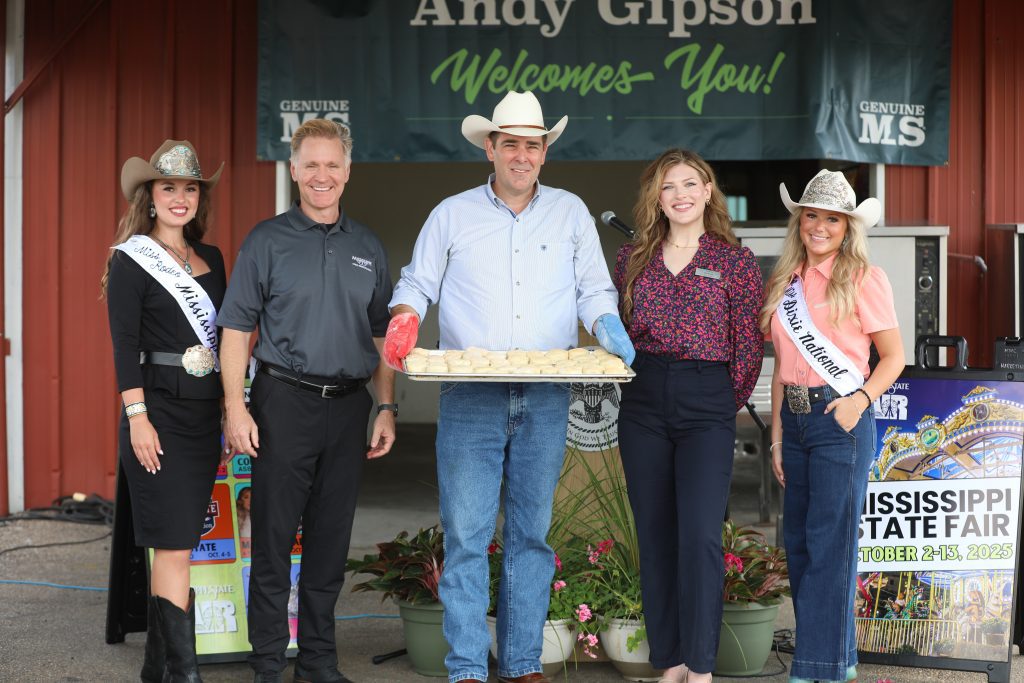 Ag Commissioner Andy Gipson announced new details at a press conference in the famous Biscuit Booth on the Midway ahead of the 166th Mississippi State Fair, to be held October 2-13, 2025. Pictured L-R: Sierra Greene, Miss Rodeo Mississippi; Michael Lasseter, Director of the Mississippi State Fairgrounds; Andy Gipson, Commissioner of Agriculture and Commerce; Azia Smith, Area Director of Joni and Friends Mississippi; and Shelby Kate Taylor, Jr. Miss Dixie National.