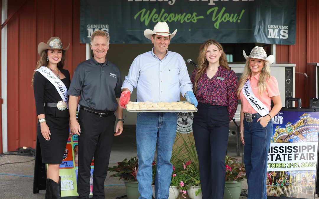 Ag Commissioner Andy Gipson announced new details at a press conference in the famous Biscuit Booth on the Midway ahead of the 166th Mississippi State Fair, to be held October 2-13, 2025. Pictured L-R: Sierra Greene, Miss Rodeo Mississippi; Michael Lasseter, Director of the Mississippi State Fairgrounds; Andy Gipson, Commissioner of Agriculture and Commerce; Azia Smith, Area Director of Joni and Friends Mississippi; and Shelby Kate Taylor, Jr. Miss Dixie National.