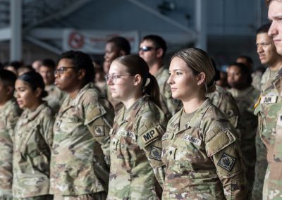 Members of Task Force Liberty stand in formation ahead of their mission in the National Capital Region, June 12, 2025, at Thompson Field Air National Guard Base. The task force, which includes Soldiers from the 112th MP Battalion and Airmen from the 172nd Airlift Wing and 186th Air Refueling Wing of the Mississippi Air National Guard, will support the U.S. Secret Service and U.S. Park Police during the Army’s 250th birthday festivities. (U.S. Army National Guard photo by 1st Lt. Jarvis Mace)